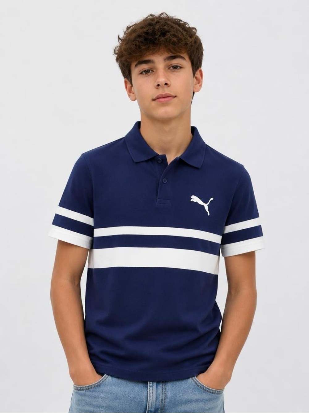Puma Men's Blue Polo with White Stripes